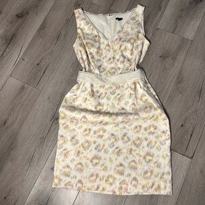 Ann Taylor Cream Sheath Dress 14 Linen Blend Ribbon Belt Sleeveless Quiet Luxury